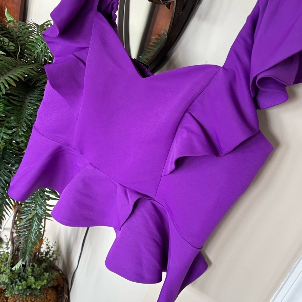 Brand New Express Purple Ruffle Crop Top Smocked Stretch Back Tailored Blouse - Picture 7 of 14